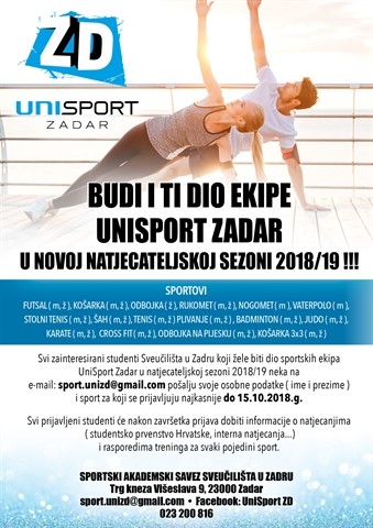 Budi i ti dio ekipe „UniSport Zadar“  u natjecateljskoj sezoni 2018./19.